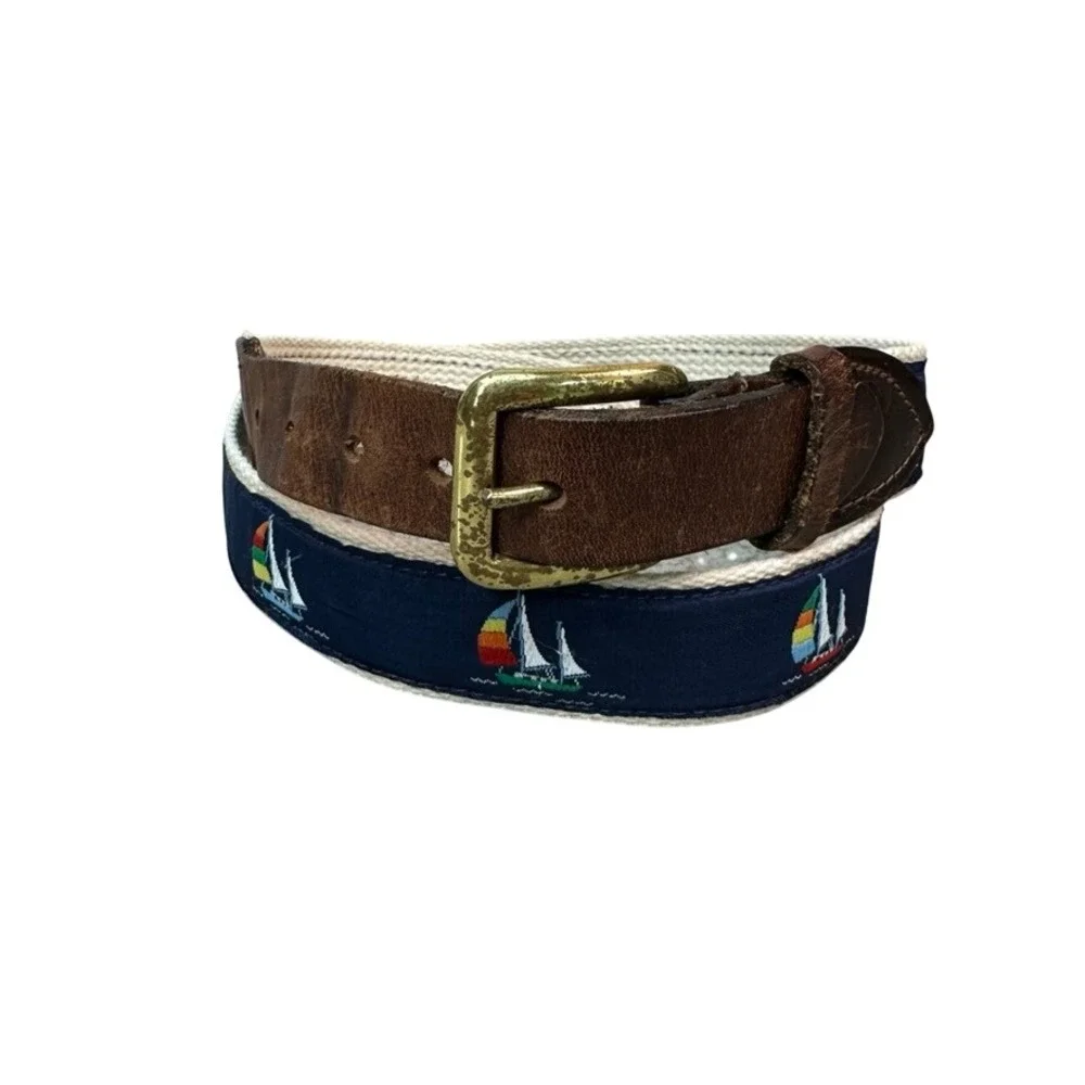 Polo Ralph Lauren Canvas Leather Belt Brown Cream Nautical Embroidered Men 38